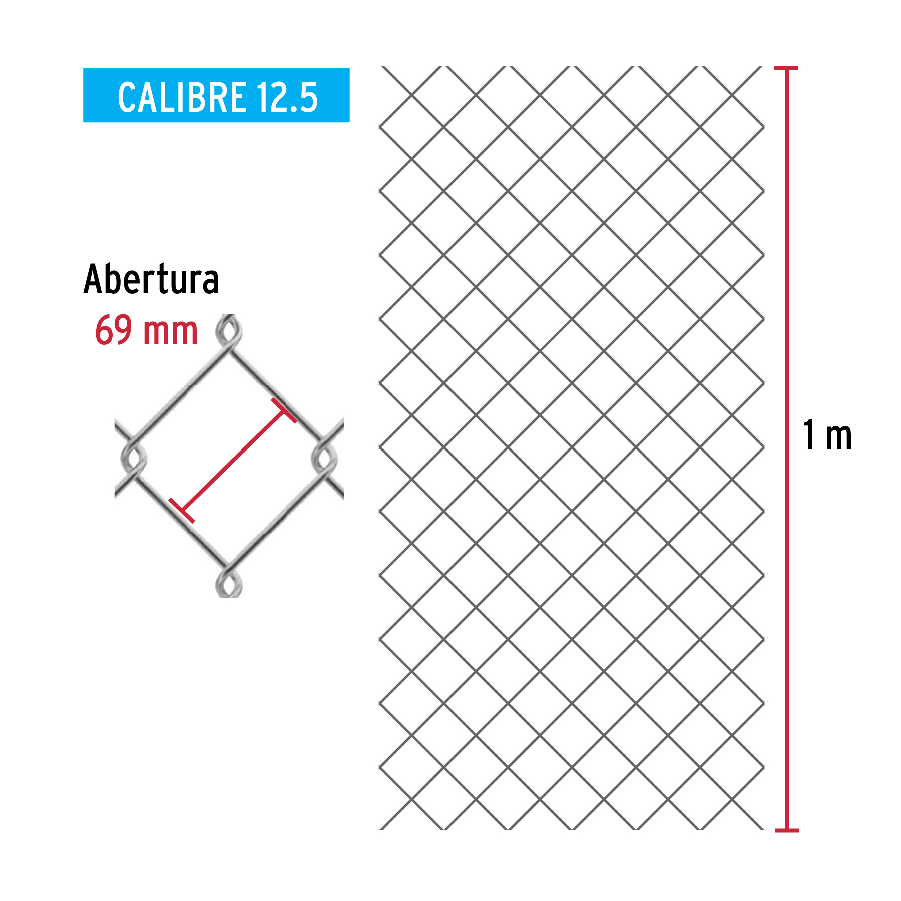 Malla ciclónica, calibre 12.5, abertura 69 x 69, 1 x 20 m