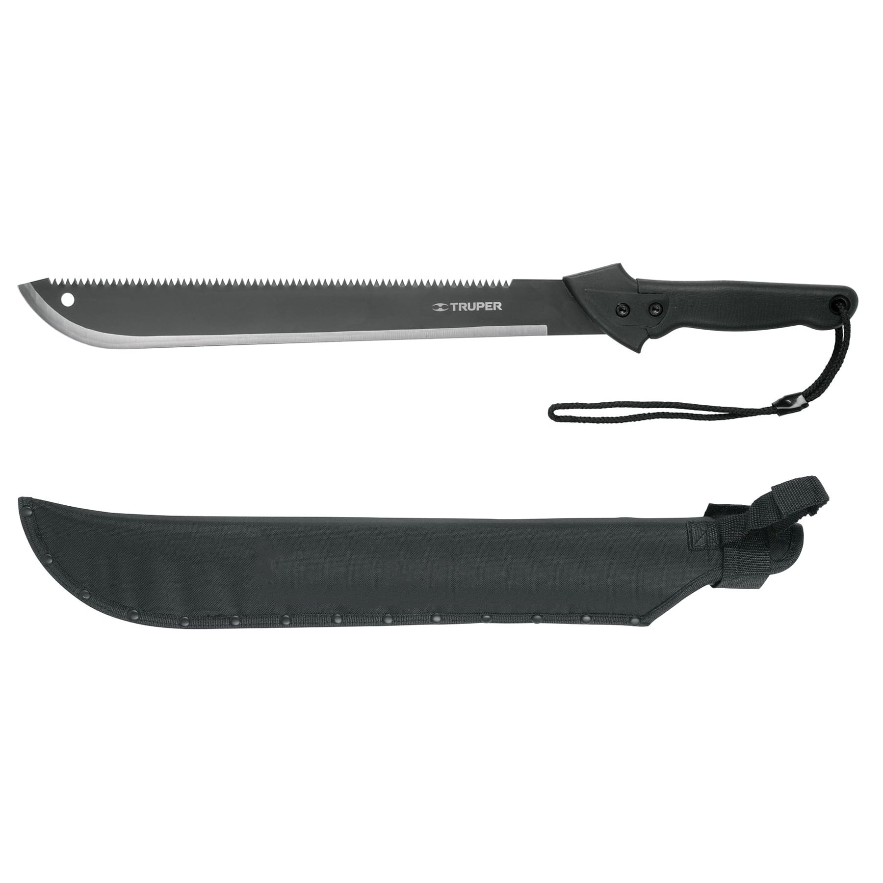 Machete doble filo, 18" con mango inyectado y funda.