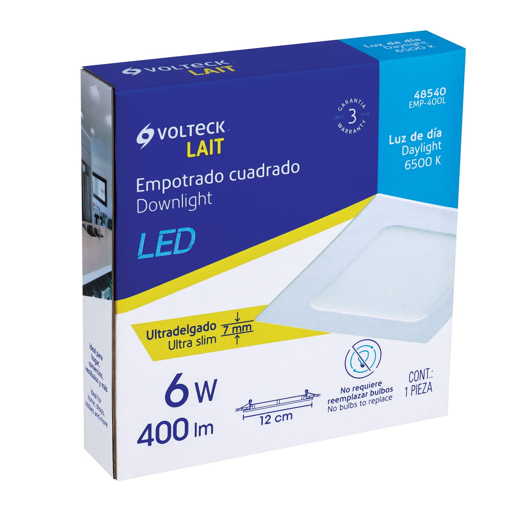 Luminario led slim de empotrar cuadrado, 6500K, 6W