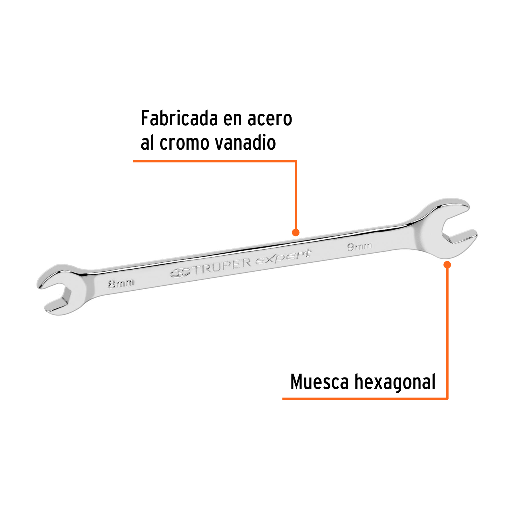 Llave española, milimétrica, 8 x 9 x 117 mm
