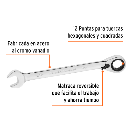 Llave combinada matraca, reversible, 7/8", Truper Expert