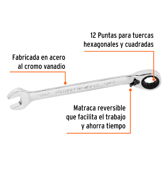Llave combinada matraca reversible,9/16"x191mm,Truper Expert
