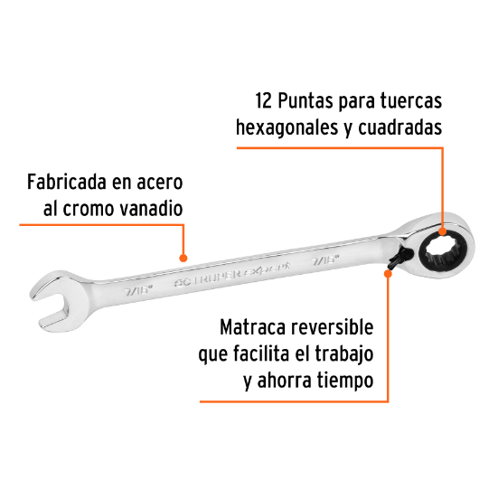 Llave combinada matraca reversible,7/16"x165mm,Truper Expert
