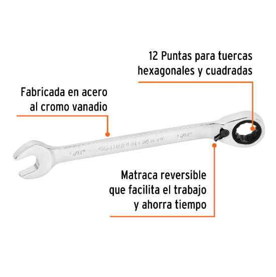 Llave combinada matraca reversible,5/8"x208mm,Truper Expert