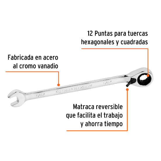 Llave combinada matraca reversible,5/16"x140mm,Truper Expert