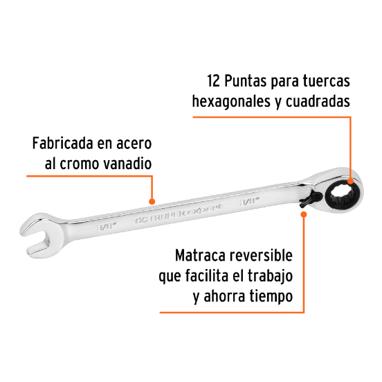 Llave combinada matraca reversible,3/8"x159mm,Truper Expert