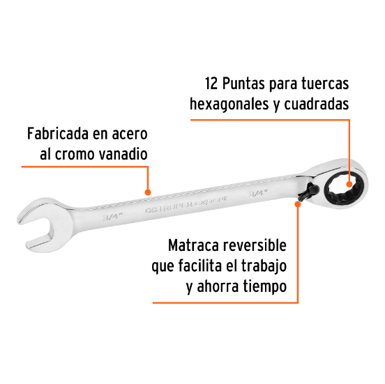 Llave combinada matraca reversible,3/4"x248mm,Truper Expert