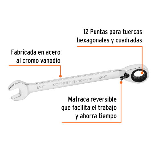 Llave combinada matraca reversible,1/2"x178mm,Truper Expert