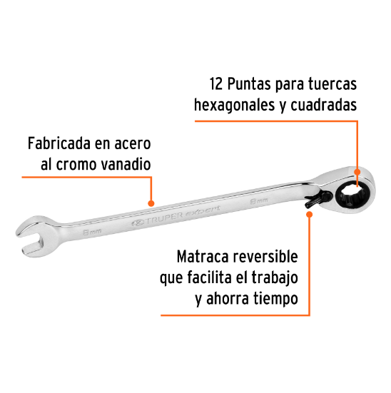 Llave combinada matraca reversible, 8x140 mm,Truper Expert