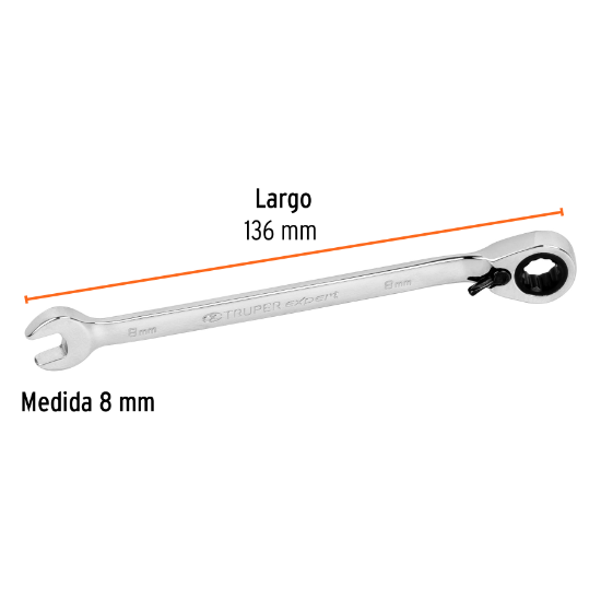Llave combinada matraca reversible, 8x140 mm,Truper Expert