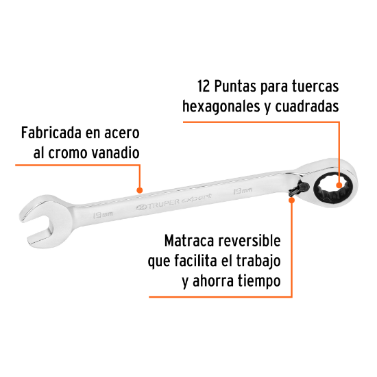Llave combinada matraca reversible, 19x246 mm,Truper Expert