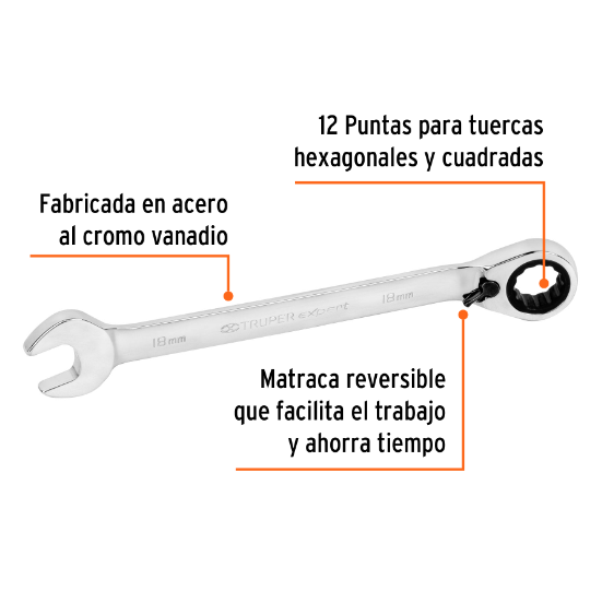 Llave combinada matraca reversible, 18x236 mm,Truper Expert