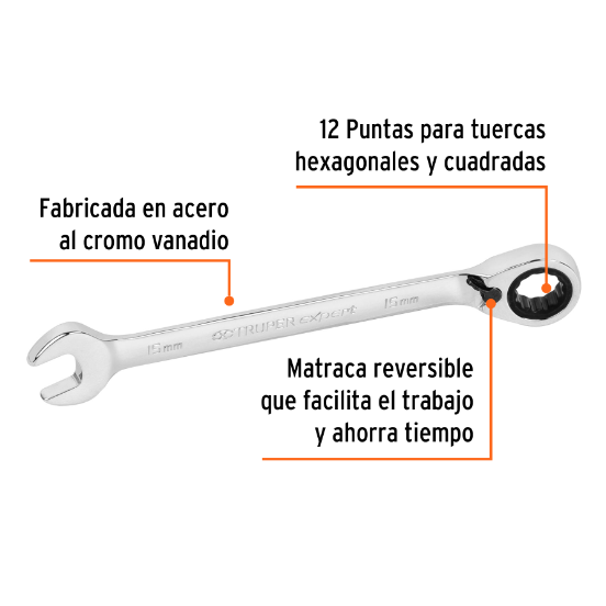 Llave combinada matraca reversible, 15x198 mm,Truper Expert