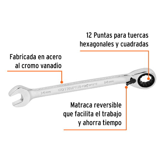 Llave combinada matraca reversible, 14x190 mm,Truper Expert
