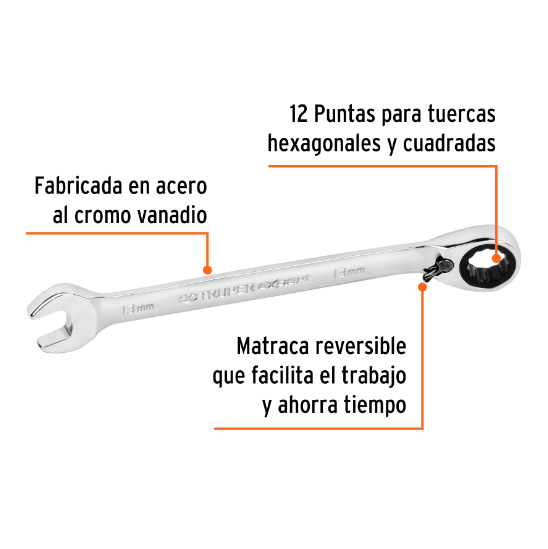 Llave combinada matraca reversible, 13x178 mm,Truper Expert