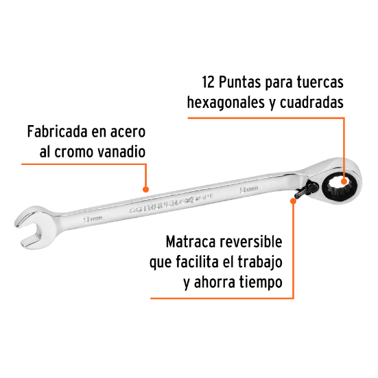 Llave combinada con matraca, reversible, 9 mm, Truper Expert