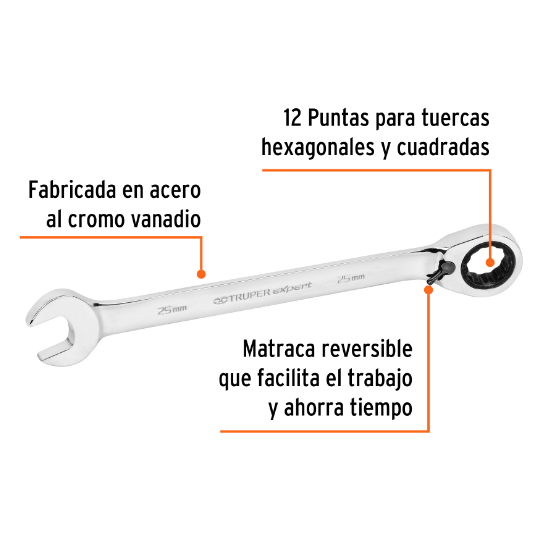 Llave combinada con matraca, reversible, 25mm, Truper Expert