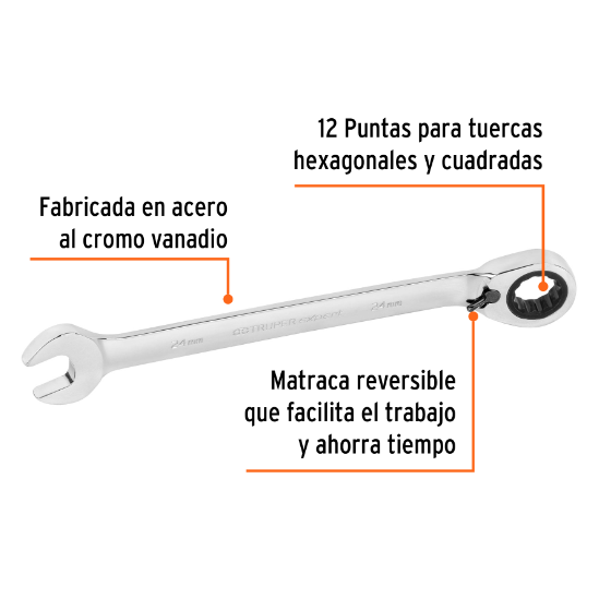 Llave combinada con matraca, reversible, 24mm, Truper Expert
