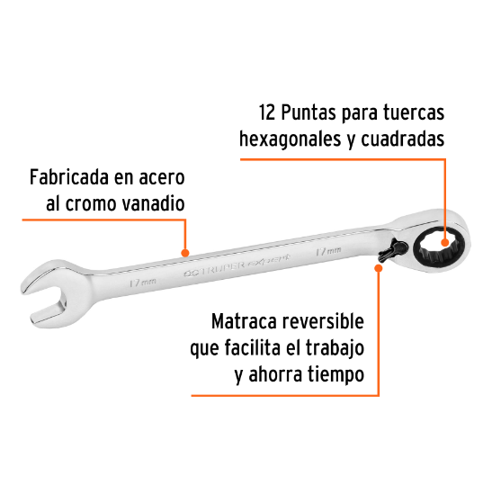 Llave combinada con matraca, reversible, 17mm, Truper Expert