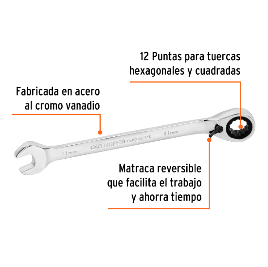 Llave combinada con matraca, reversible, 11mm, Truper Expert
