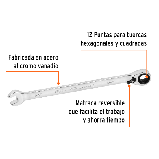 Llave combinada con matraca, reversible, 1/4", Truper Expert