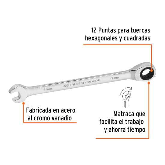 Llave combinada con matraca, 9 x 146 mm, Truper Expert