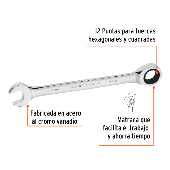Llave combinada con matraca, 22 x 279 mm, Truper Expert