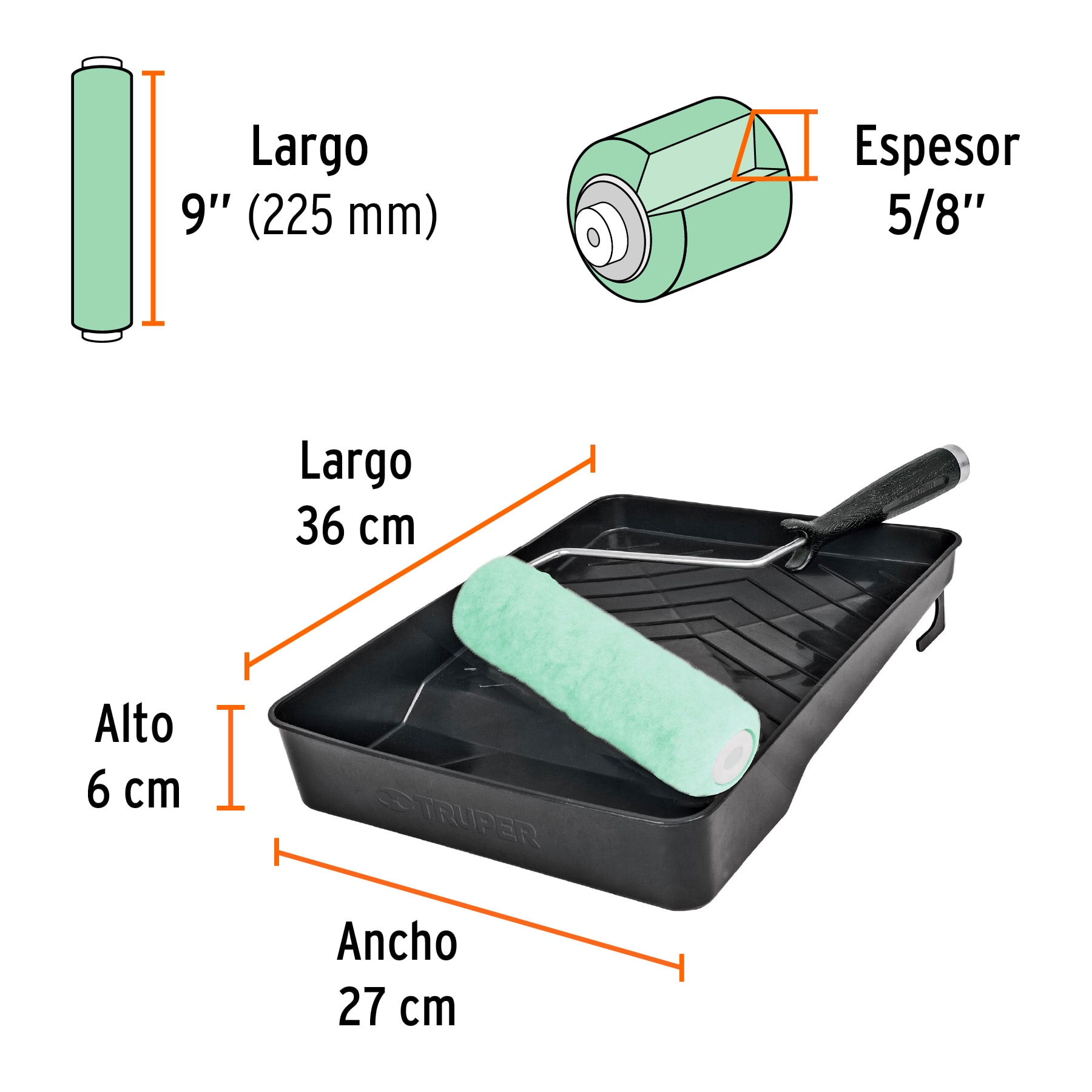 Kit de rodillo para pintar, 9" (maneral, charola y felpa)