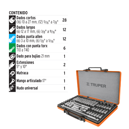 Juego de dados, cuadro 1/2", 64 piezas, std y mm