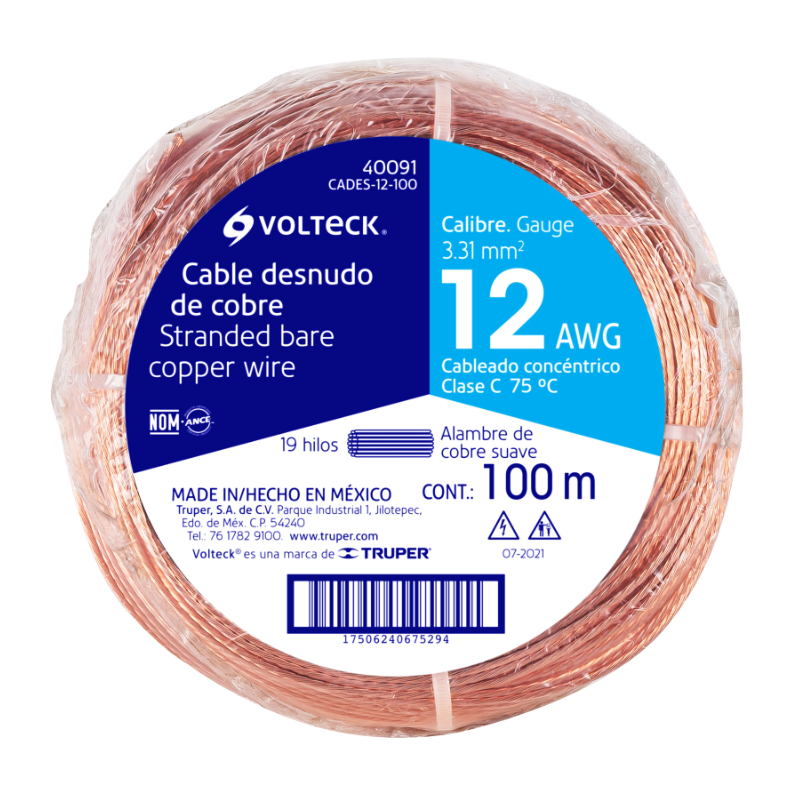 Cable cobre desnudo calibre 12 AWG, 100 m