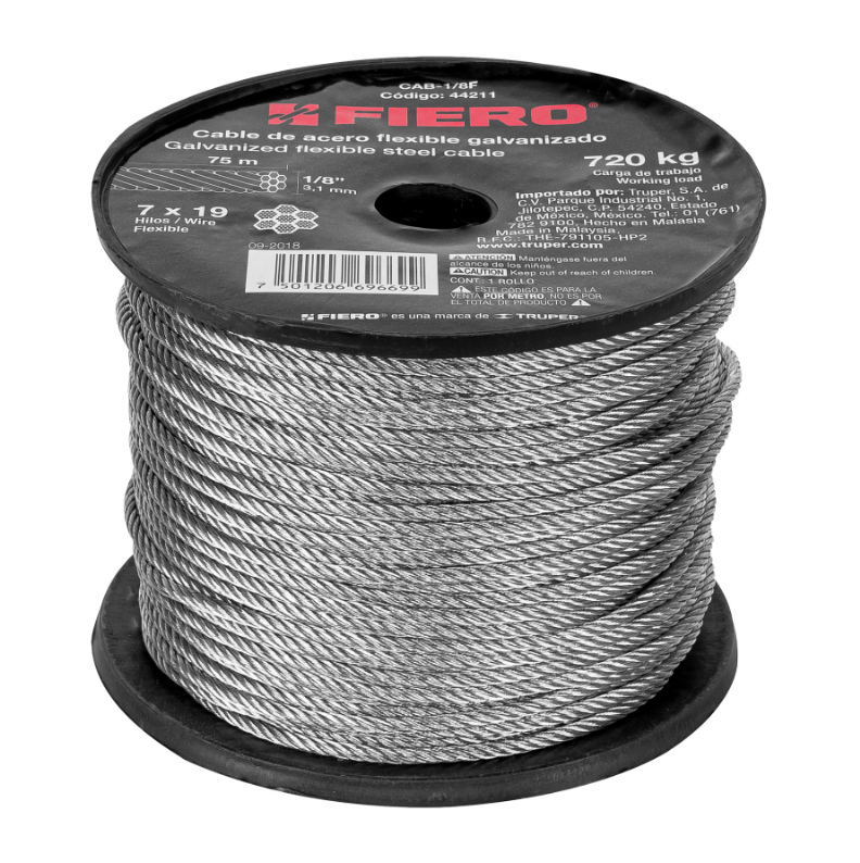 Cable flexible de acero 1/8", 7X19, 75 m