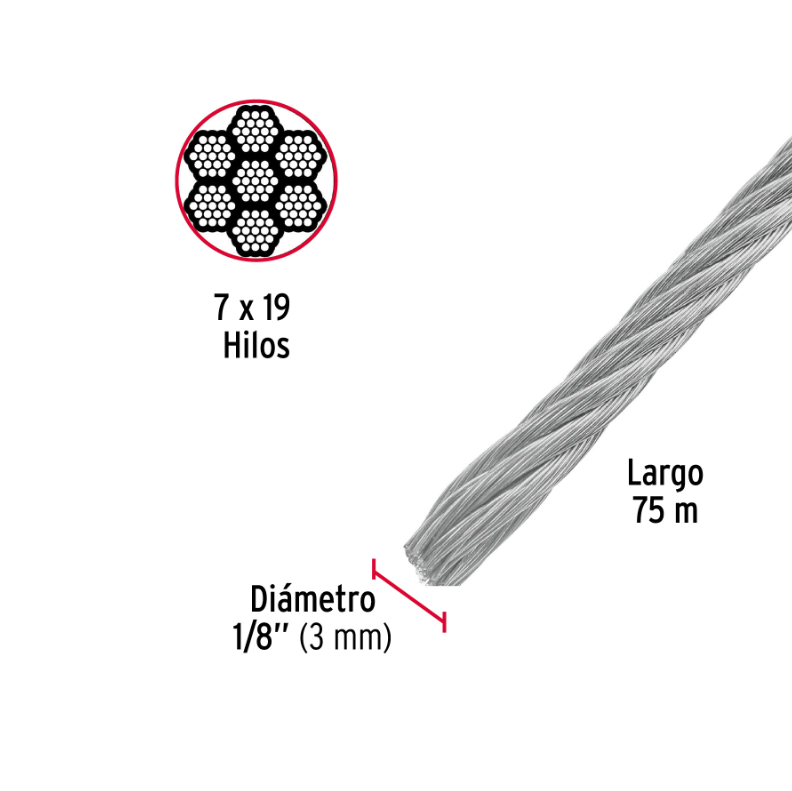 Cable flexible de acero 1/8", 7X19, 75 m