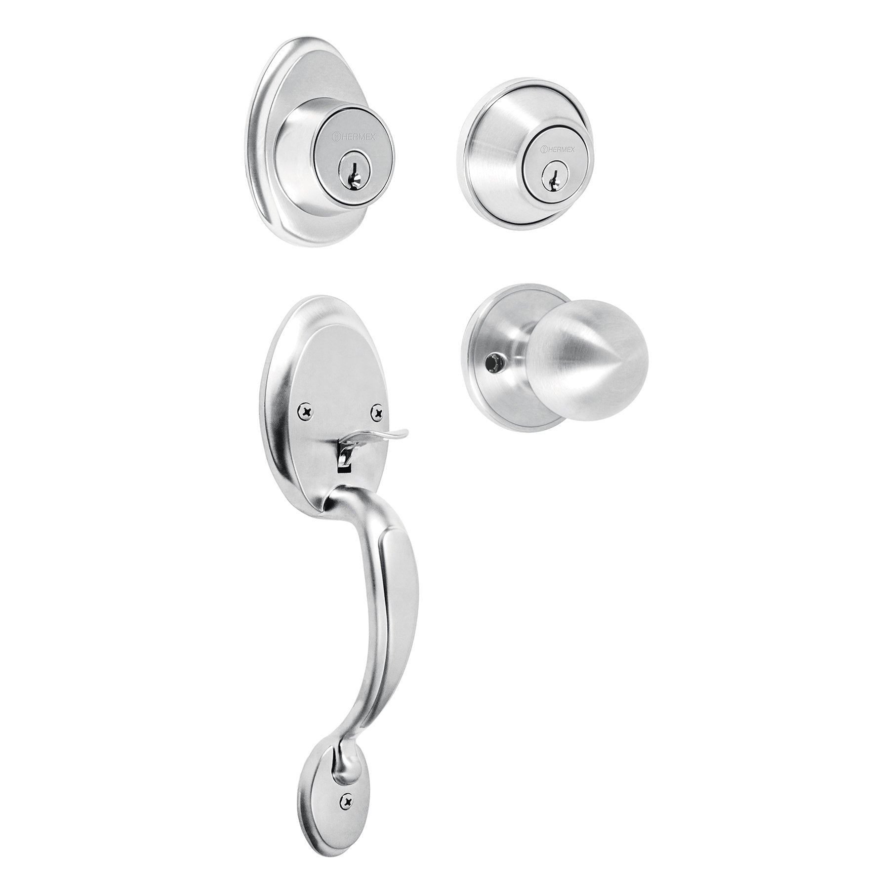 Cerradura entrada, cromo mate, doble, pomo, Hermex Basic