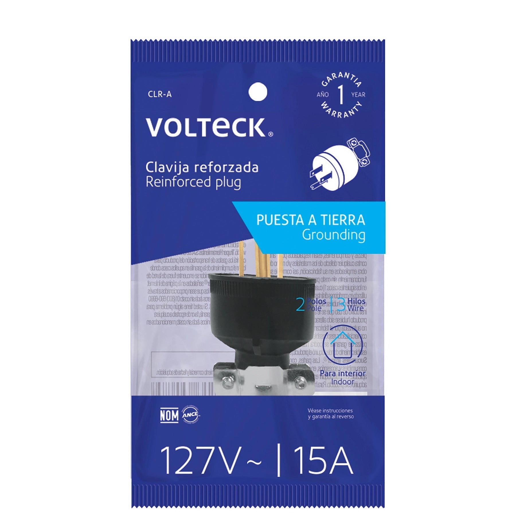 Clavija industrial reforzada, 2 polos, 3 hilos, 15A, 125V