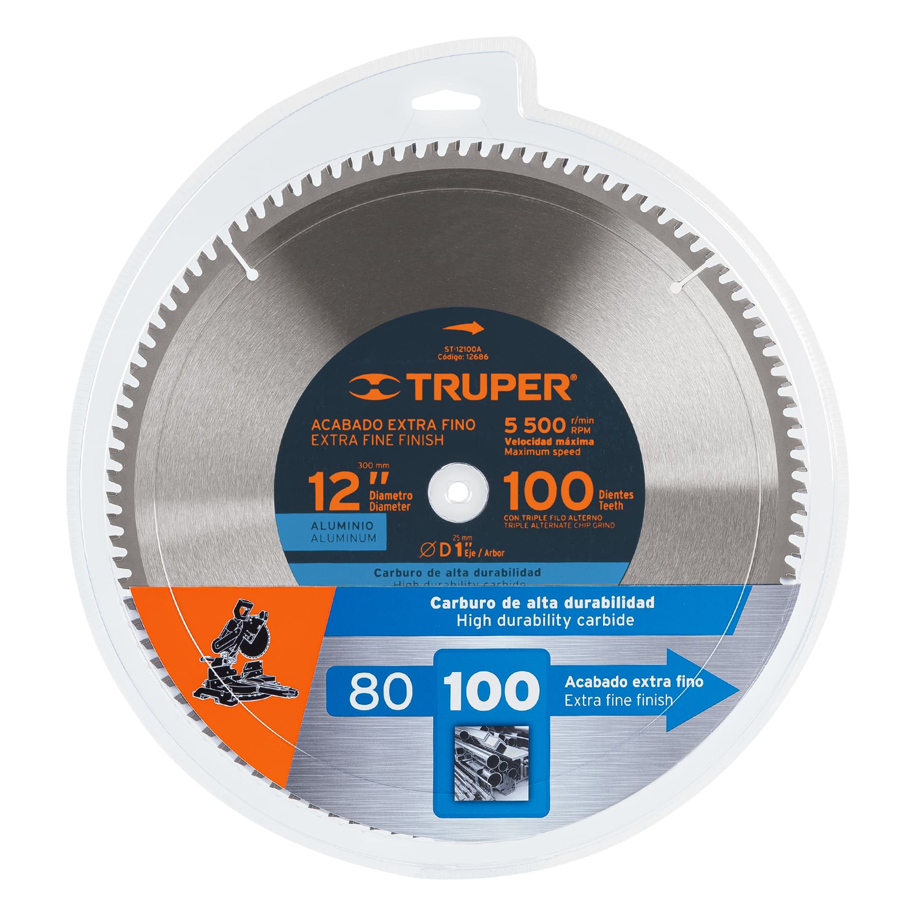 Disco sierra p/aluminio 12", 100 dientes, centro 1"