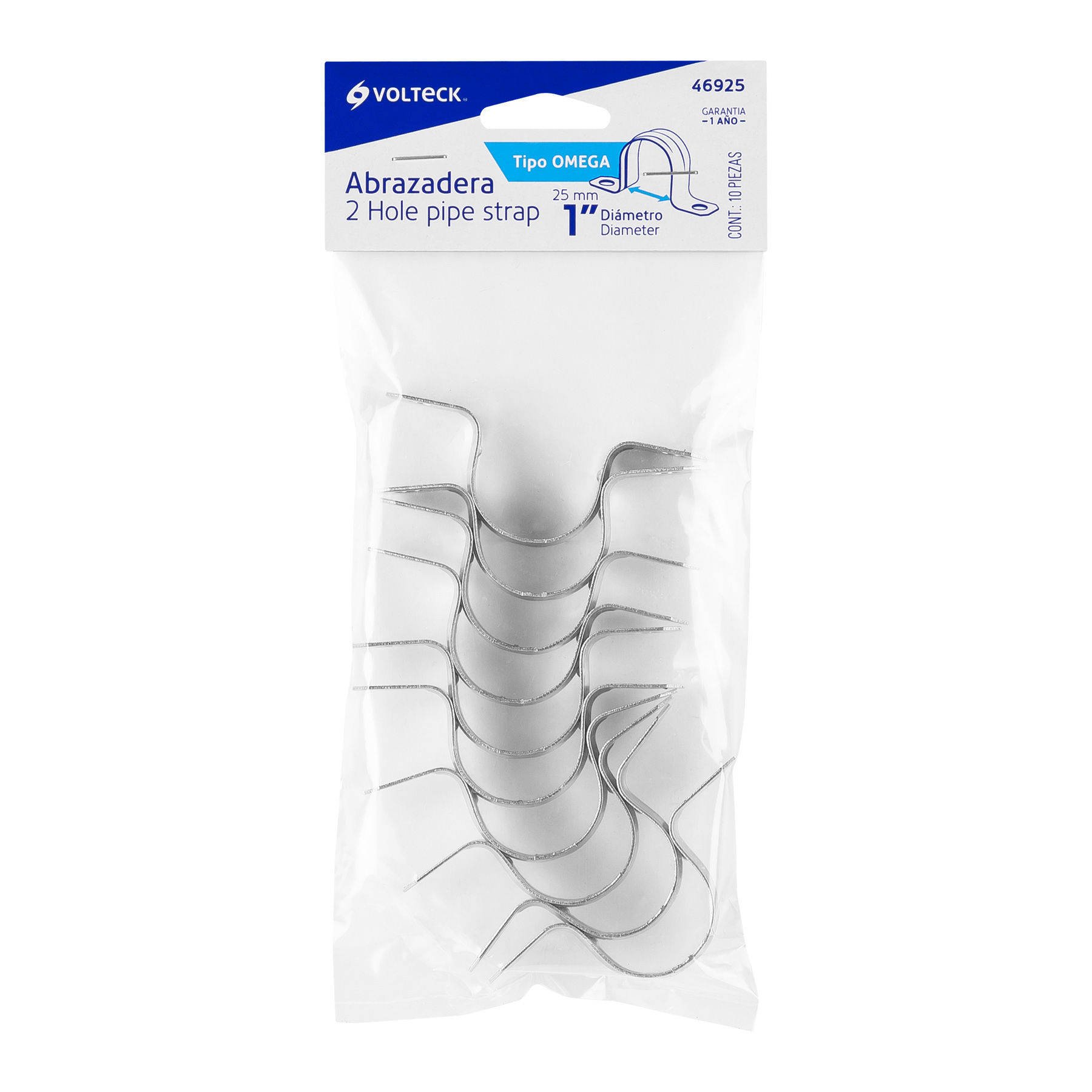 Abrazadera de tubo tipo omega 1", bolsa con 10 pzas, Volteck