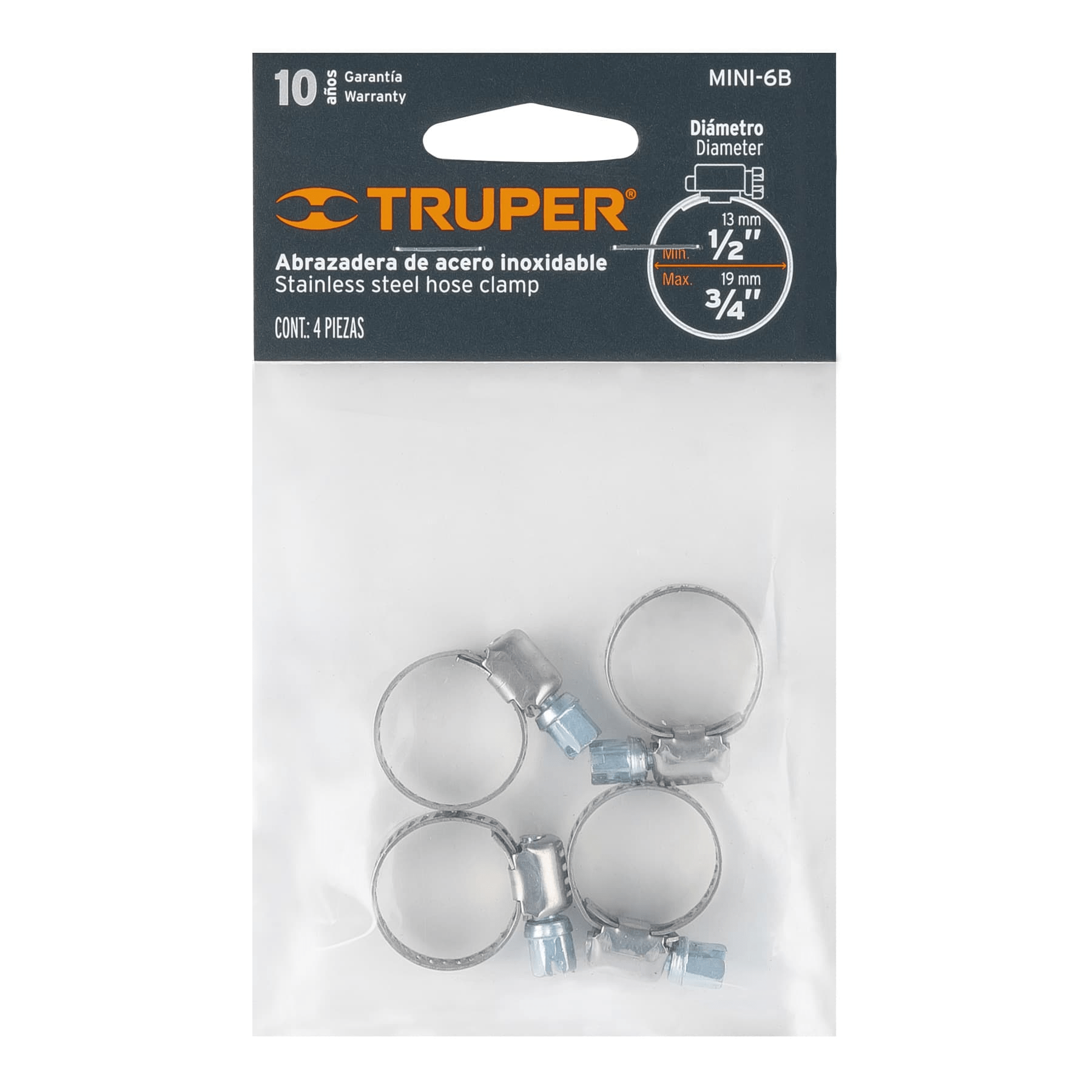 Abrazadera mini-6 de acero inoxidable, bolsa con 4 pzas
