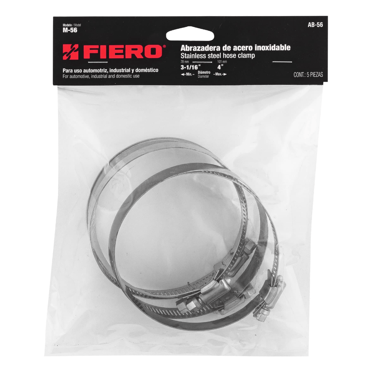 Abrazadera reforzada, # 56, 3-1/16 - 4", bolsa 5 piezas - Ferretería Feresmar