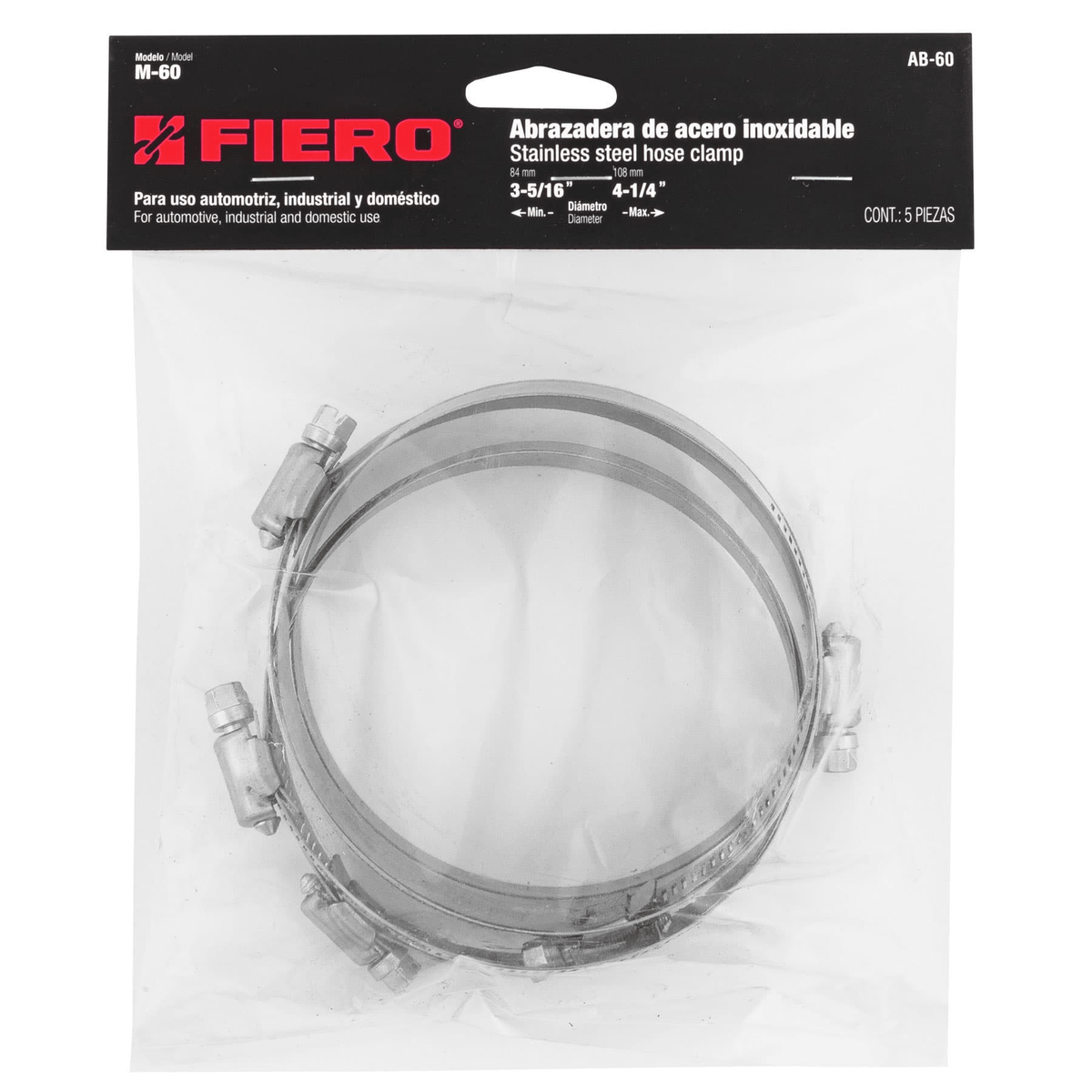 Abrazadera reforzada, # 60, 3-5/16 - 4-1/4", bolsa 5 pzas - Ferretería Feresmar