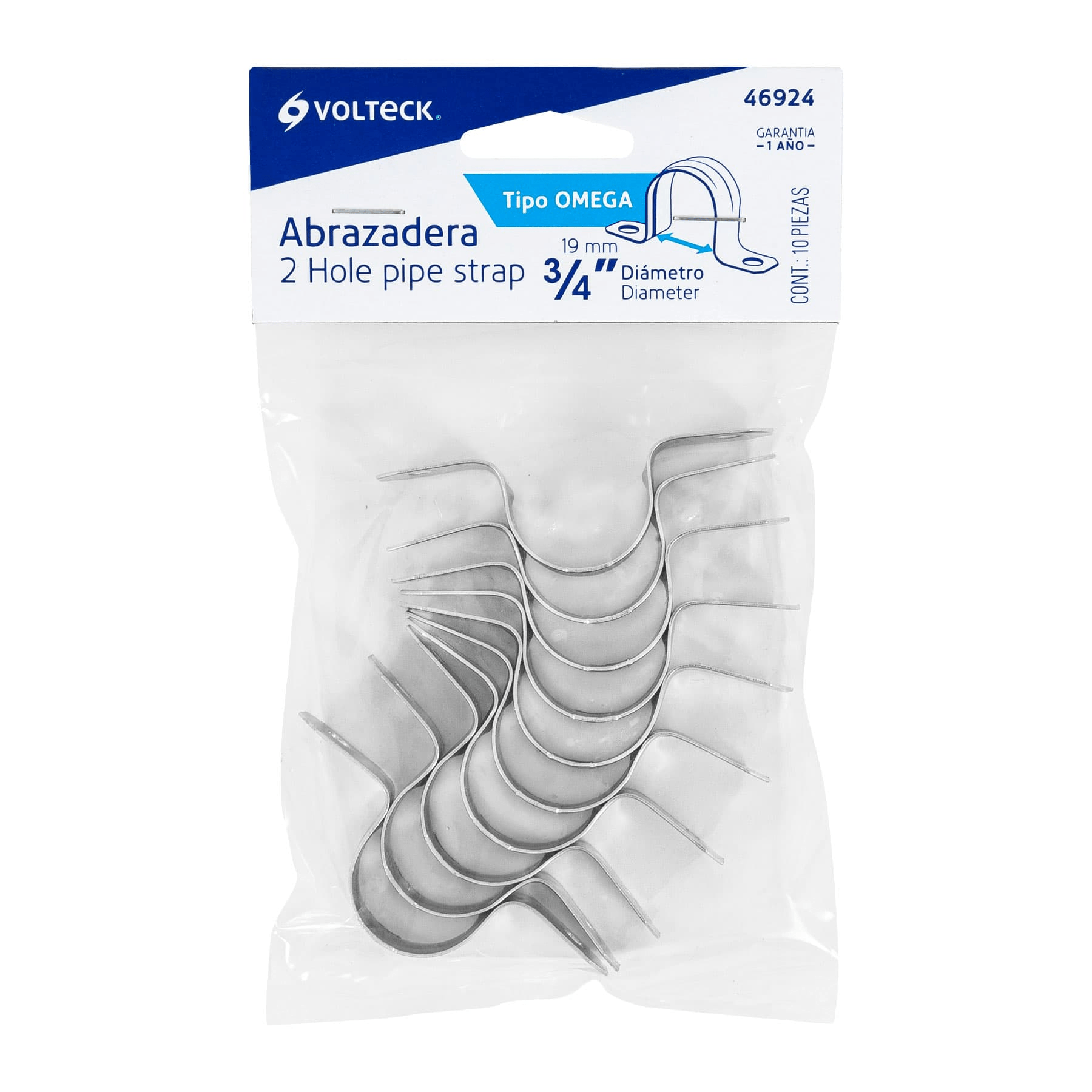 Abrazadera tubo tipo omega 3/4", bolsa con 10 pzas, Volteck