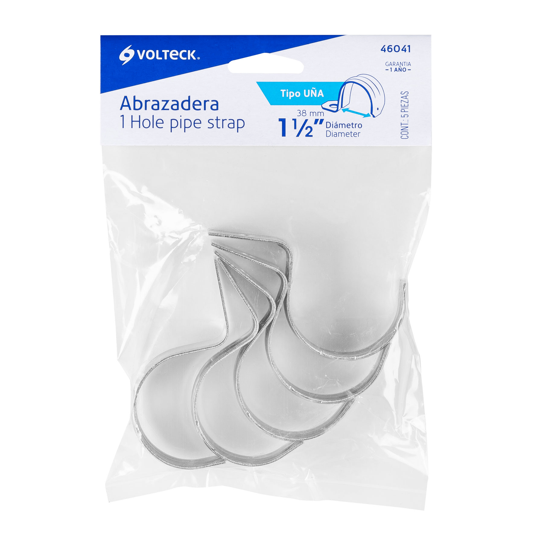 Abrazadera tubo tipo uña 1-1/2", bolsa con 5 pzas, Volteck