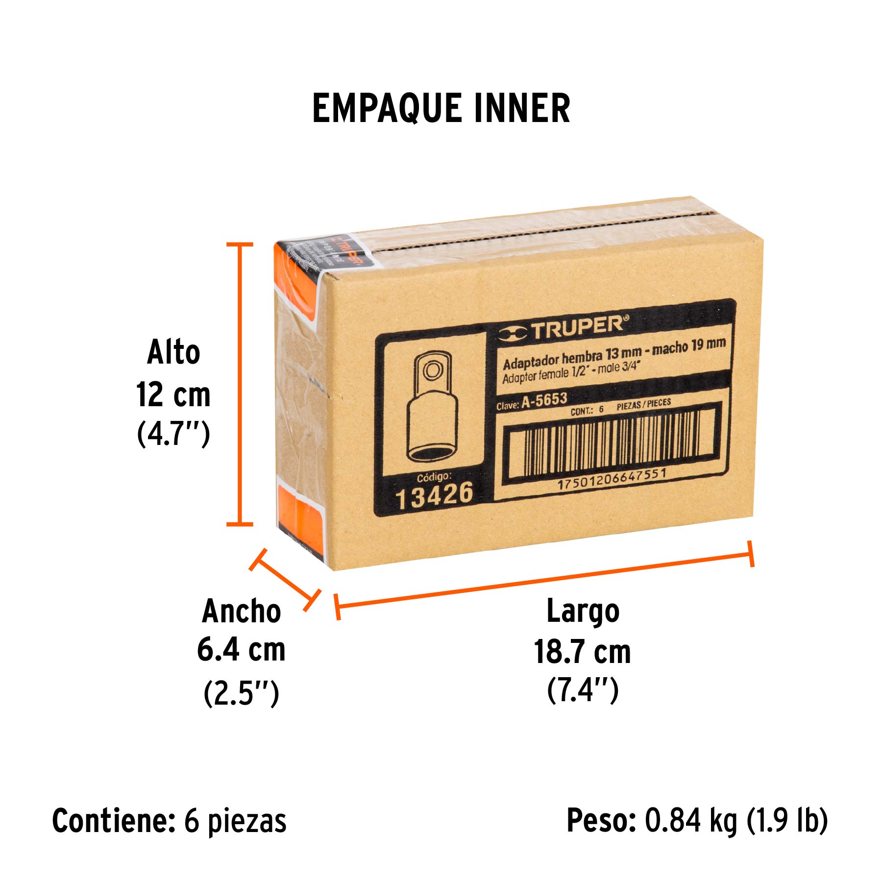 Adaptador para matraca de cuadro 1/2" a cuadro 3/4"