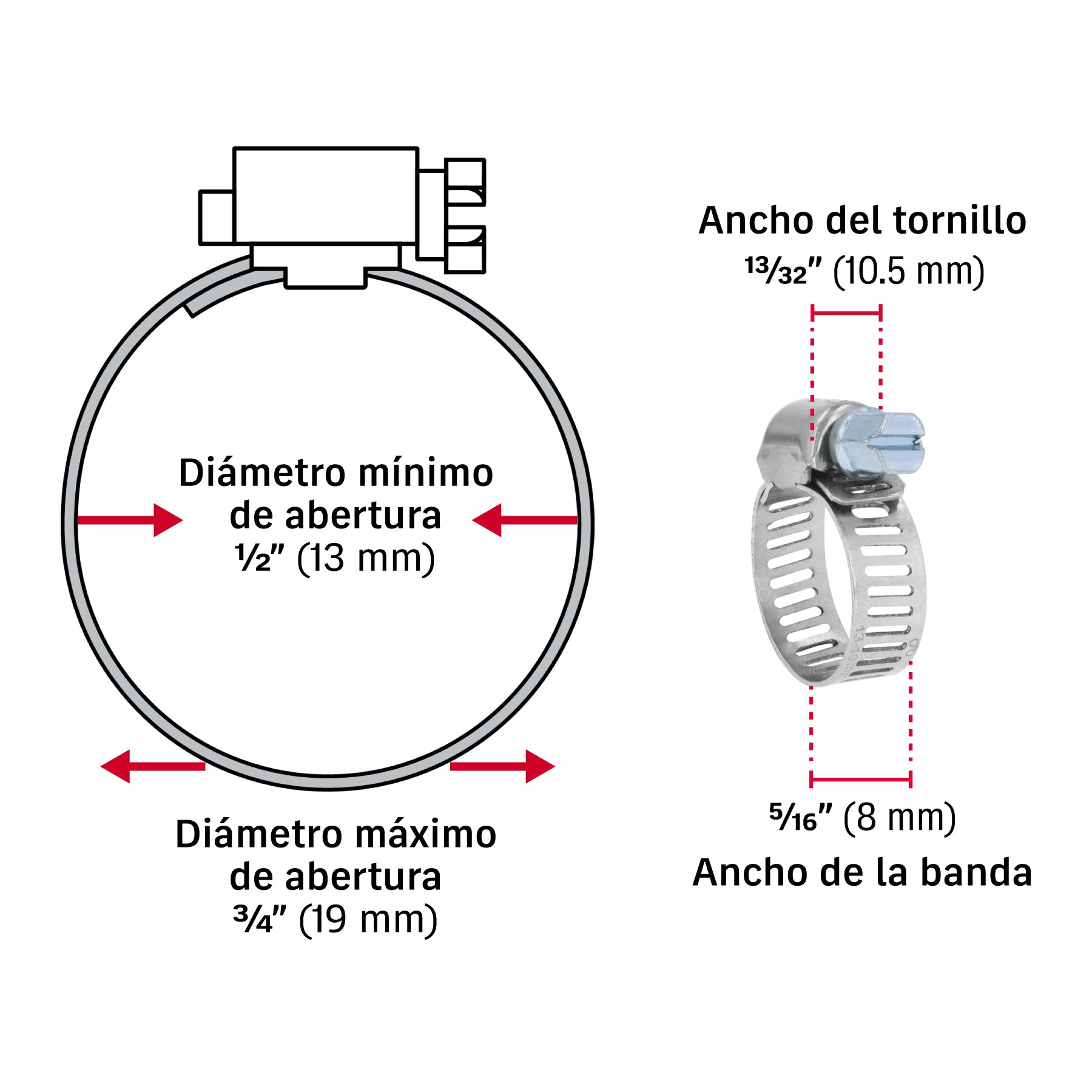 Mini-abrazadera reforzada, # 6, 1/2 - 3/4", bolsa 10 pzas