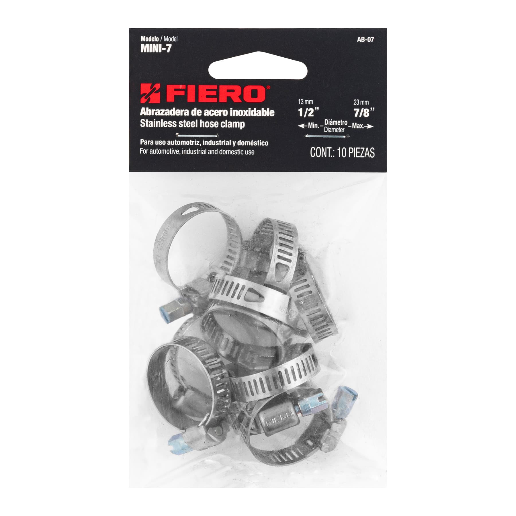 Mini-abrazadera reforzada #7, 1/2 - 7/8", bolsa con 10 pzas