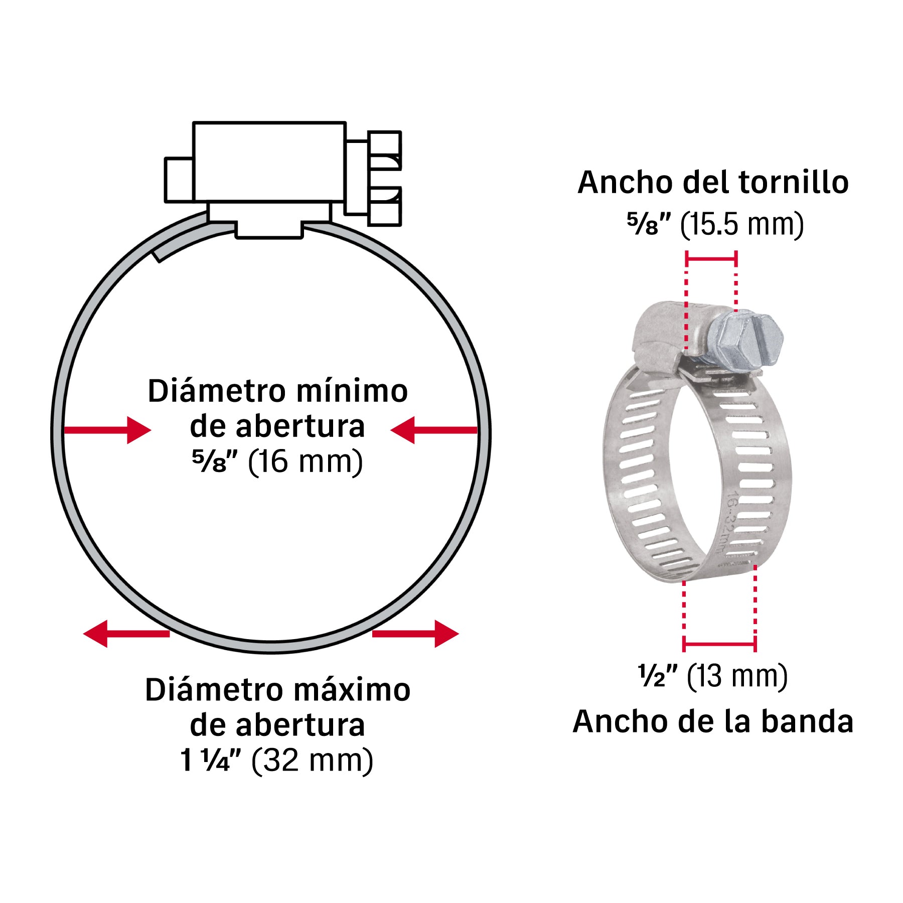 Abrazadera reforzada, # 12, 5/8 - 1-1/4", bolsa 10 pzas