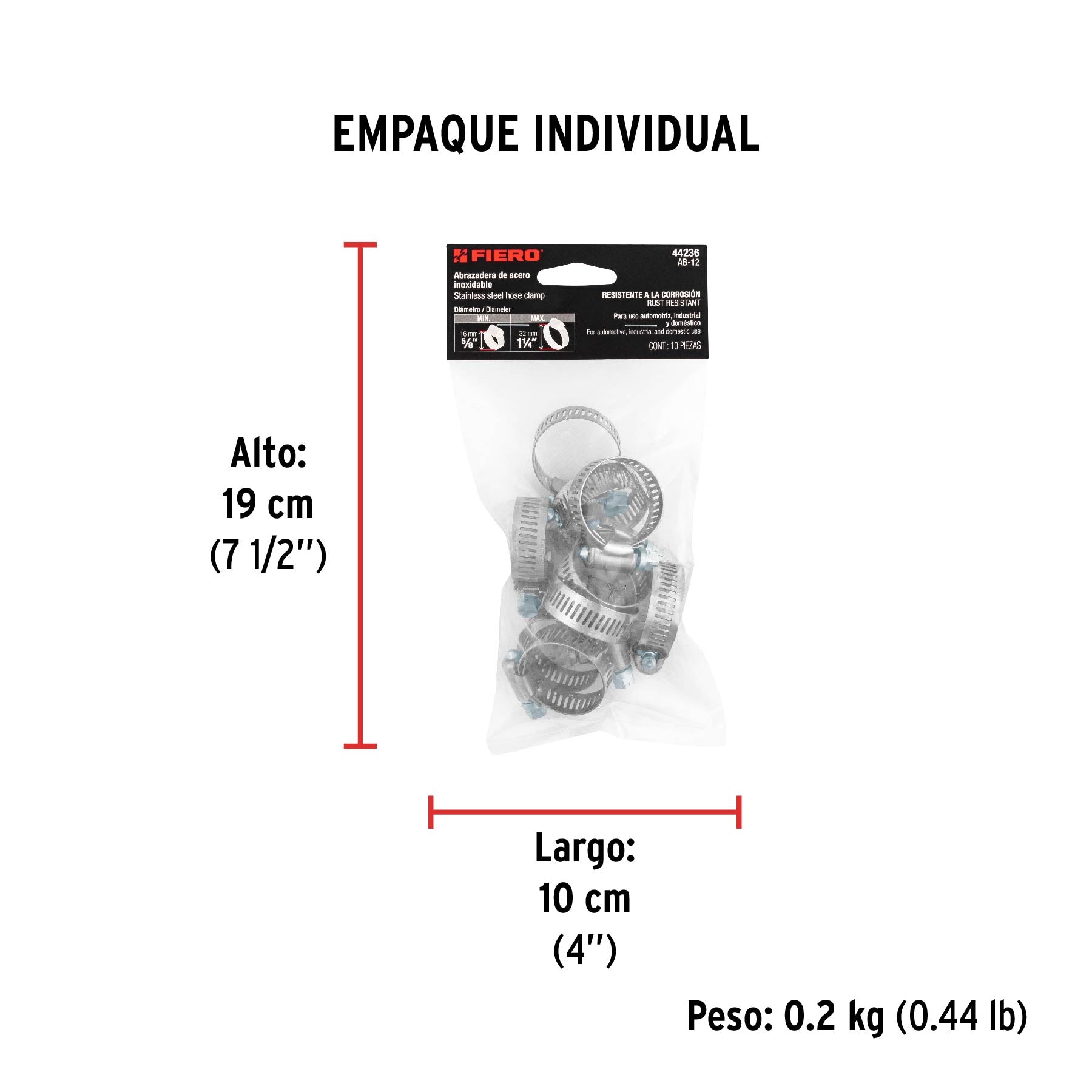Abrazadera reforzada, # 12, 5/8 - 1-1/4", bolsa 10 pzas