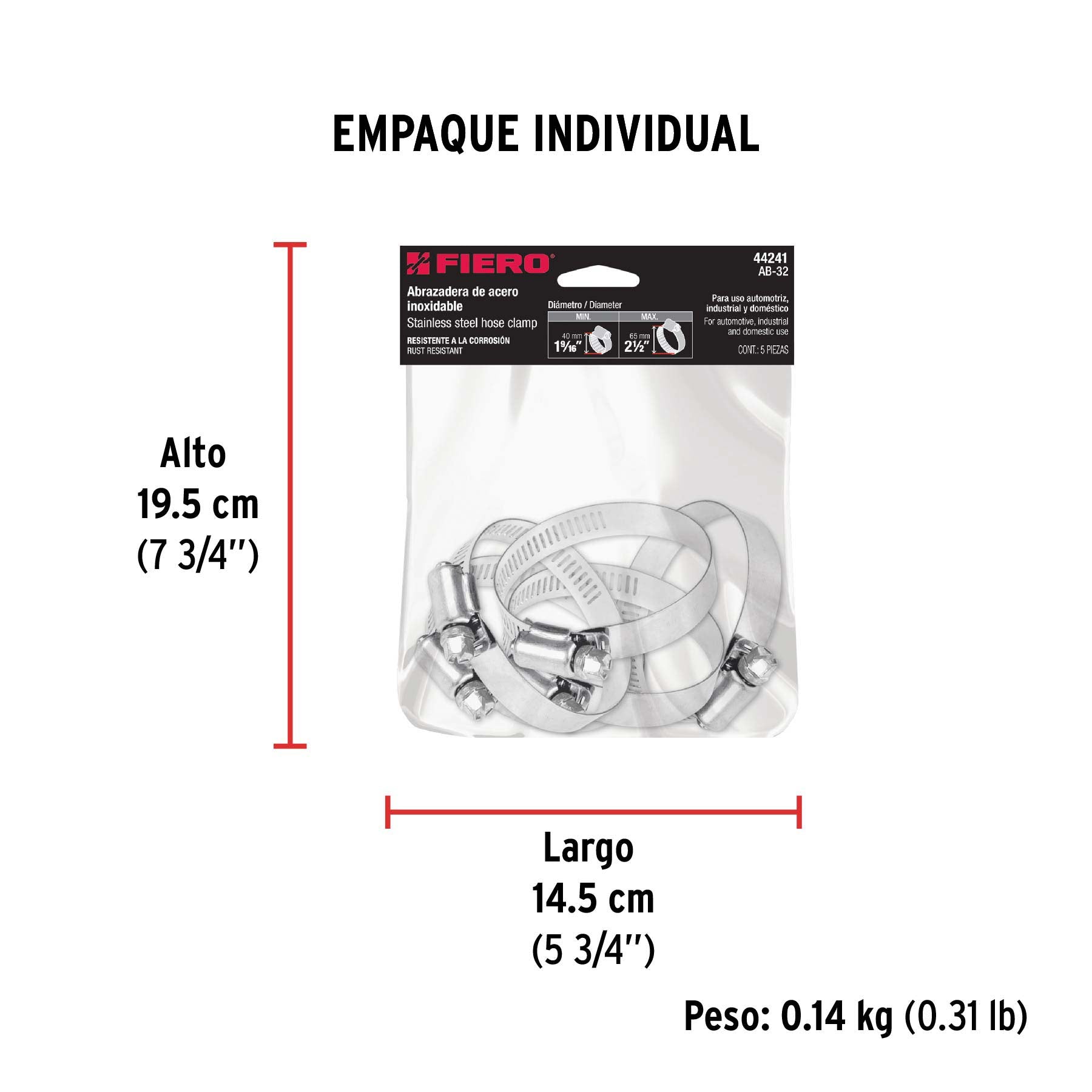 Abrazadera reforzada, # 32, 1-9/16 - 2-1/2", bolsa 5 pzas