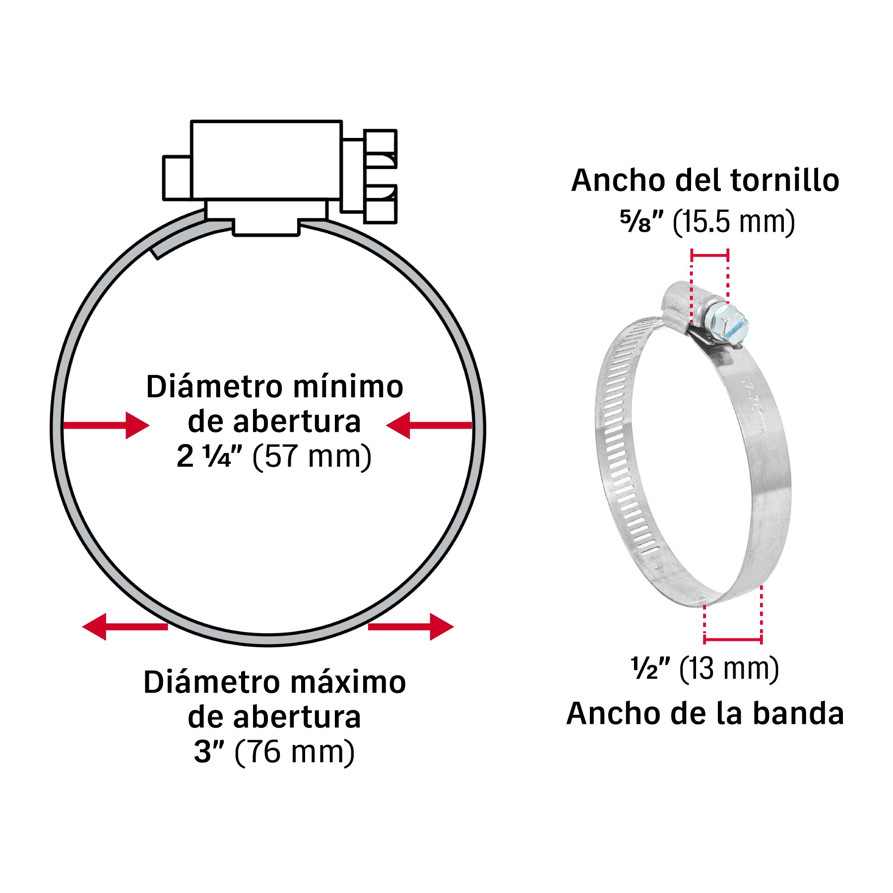 Abrazadera reforzada, # 40, 2-1/4 - 3", bolsa 5 piezas