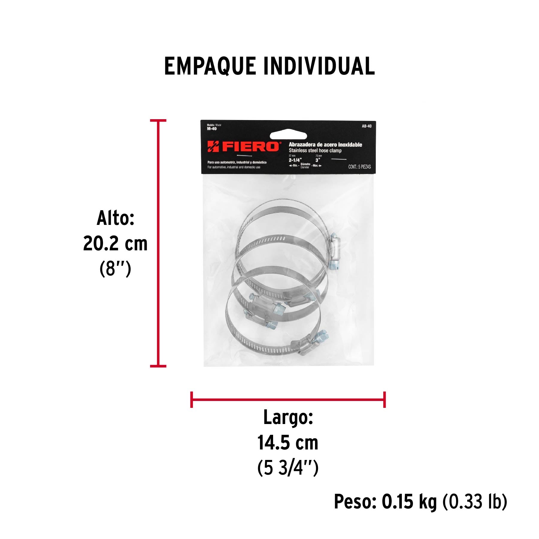 Abrazadera reforzada, # 40, 2-1/4 - 3", bolsa 5 piezas