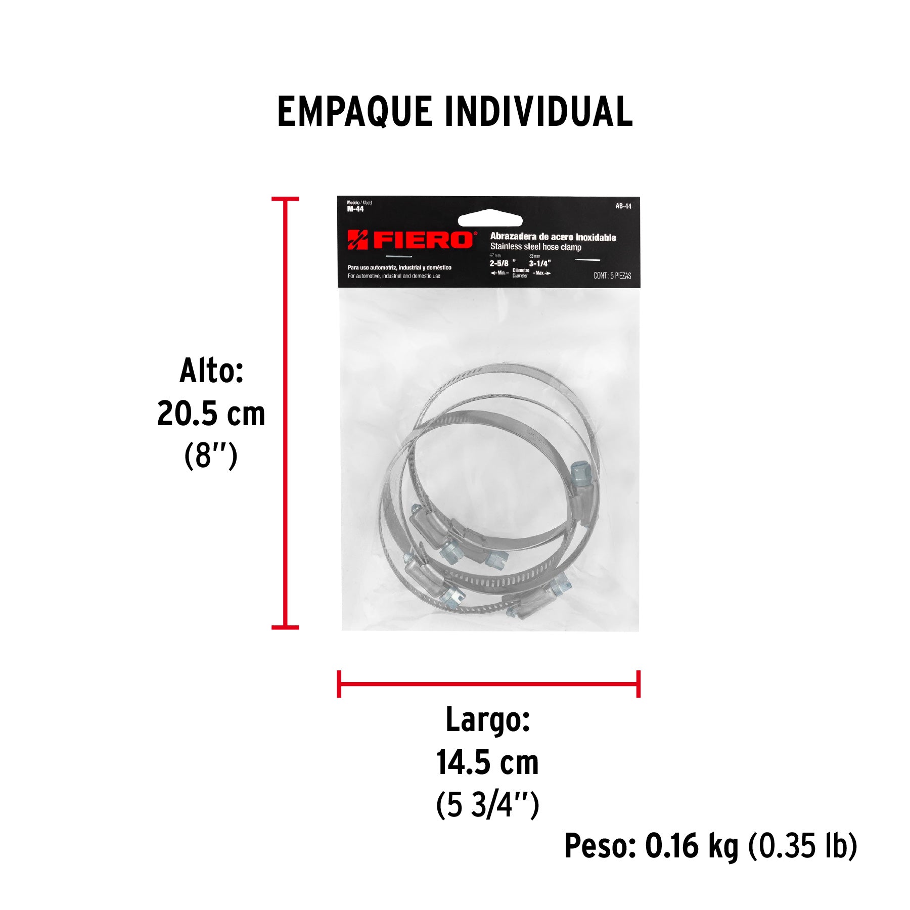 Abrazadera reforzada, # 44, 2-5/8 - 3-1/4", bolsa 5 pzas